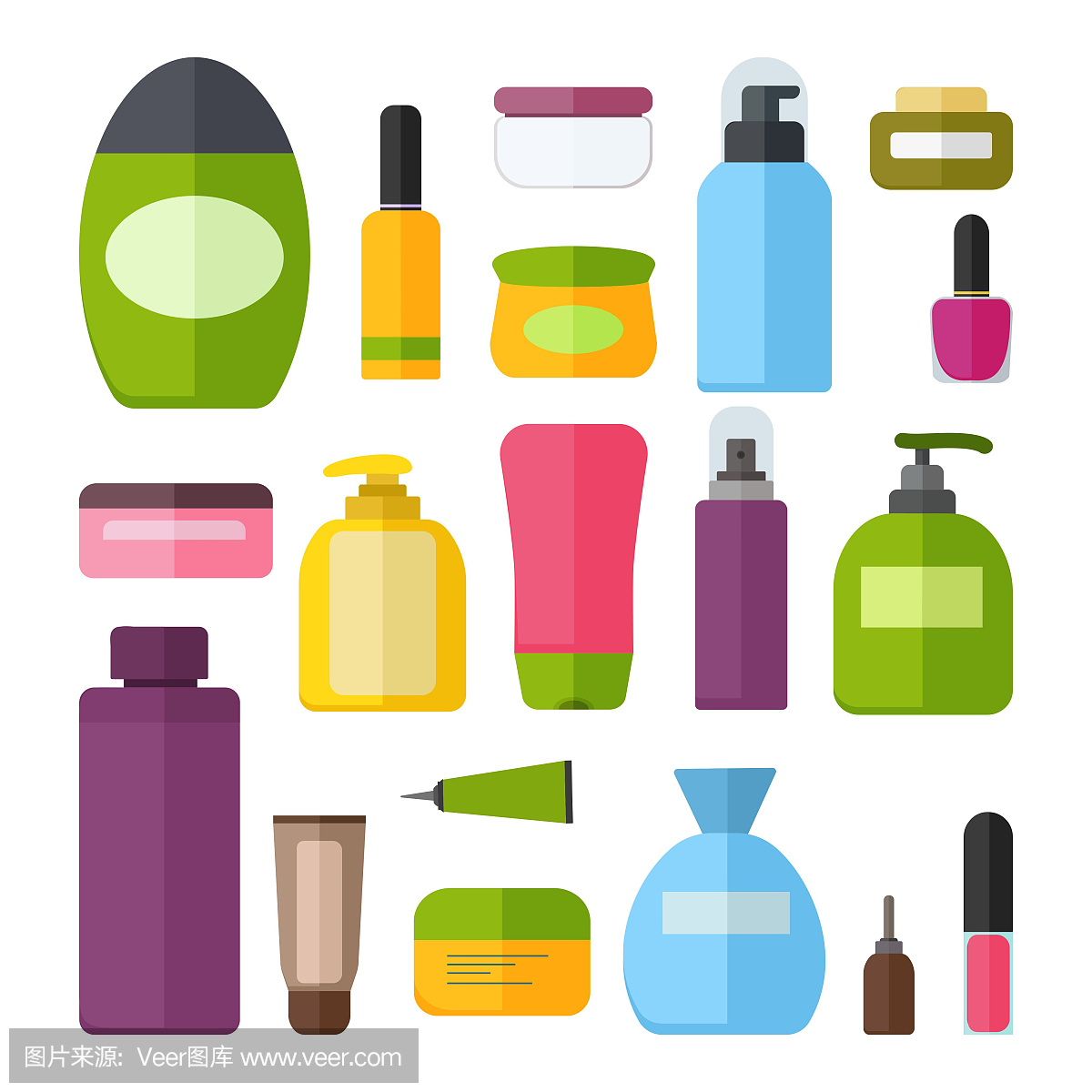 一套矢量彩色化妆品瓶子。试管和小瓶化妆品。美容和清洁工具,皮肤和身体护理,盥洗用品。面霜、洗发水、凝胶、喷雾和肥皂。向量illustrtaion